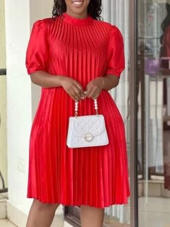Women‘s Plus Size Curve Casual Dress Shift Dress Solid Color Midi Dress Short Sleeve Ruched Pleated Stand Collar Fashion Daily White Red Summer Spring L XL 2XL 3XL -Cheap Plus Fit Dress Store jidxlx1678184666321