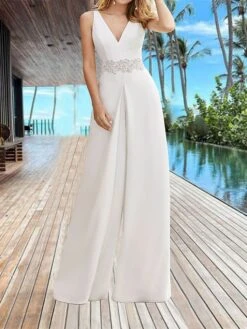 Women's Jumpsuit Lace Backless Solid Color V Neck Dressy Weddding Elegant Party Business Regular Fit Sleeveless White S M L Summer