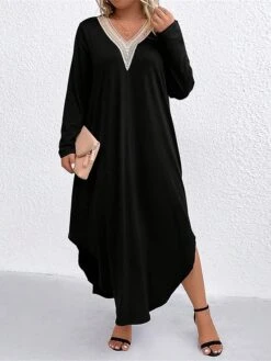 Women's Plus Size Curve Casual Dress Swing Dress Black Dress Color Block Midi Dress Long Sleeve Patchwork Asymmetric V Neck Fashion Outdoor Black Fall Winter XL XXL 3XL