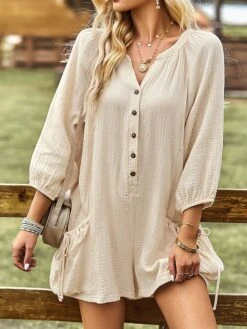 Women's Romper Button Pocket Solid Color V Neck Ordinary Daily Vacation Regular Fit Long Sleeve Pink Navy Blue Green S M L Summer 30 Women's Romper Button Pocket Solid Color V Neck Ordinary Daily Vacation Regular Fit Long Sleeve Pink Navy Blue Green S M L Summer -Cheap Plus Fit Dress Store jiklkm1680074107109