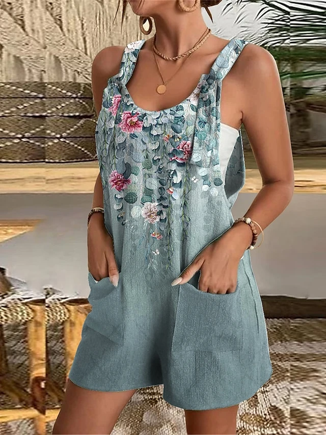 Women's Overall Pocket Print Floral U Neck Casual Daily Going Out Baggy Shorts Loose Fit Strap Blue Dusty Blue Green S M L Summer 3 Women's Overall Pocket Print Floral U Neck Casual Daily Going Out Baggy Shorts Loose Fit Strap Blue Dusty Blue Green S M L Summer - Image 3