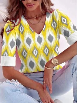 Women's T Shirt Tee Yellow Pink Peach Graphic Print Long Sleeve Daily Weekend Daily Basic Neon & Bright V Neck Regular Fit Painting Fall & Winter -Cheap Plus Fit Dress Store jjurum1690798921973