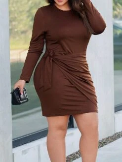Women's Plus Size Curve Casual Dress Winter Dress Bodycon Solid Color Midi Dress Long Sleeve Lace Up Ruched Crew Neck Fashion Outdoor Brown Fall Winter XL XXL 3XL -Cheap Plus Fit Dress Store jjxetd1697706427781