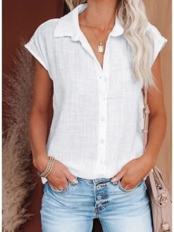 Women's Shirt Blouse Black White Yellow Plain Button Short Sleeve Daily Weekend Streetwear Casual Shirt Collar Regular Fit