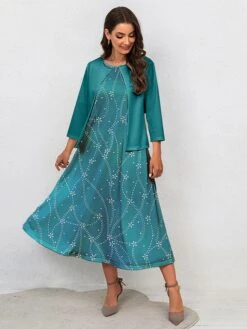 Women's Two Piece Dress Set Casual Dress Swing Dress Outdoor Office Fashion Streetwear Print Midi Dress Crew Neck 3/4 Length Sleeve Floral Regular Fit Wine Blue Fall Winter S M L XL XXL -Cheap Plus Fit Dress Store jkyodt1697770546170