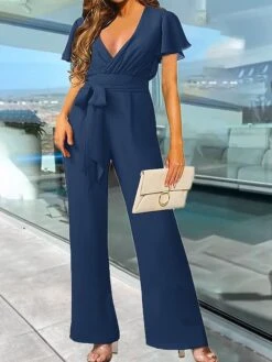 Women's Jumpsuit Lace Up Ruffle Solid Color V Neck Elegant Wedding Party Regular Fit Short Sleeve Navy Blue S M L Summer
