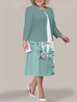 Women's Plus Size Curve Two Piece Dress Set Casual Dress Print Dress Outdoor Office Fashion Streetwear Print Midi Dress Crew Neck Long Sleeve Floral Black Light Green Blue Fall Winter L XL XXL -Cheap Plus Fit Dress Store jlikrm1693295635512