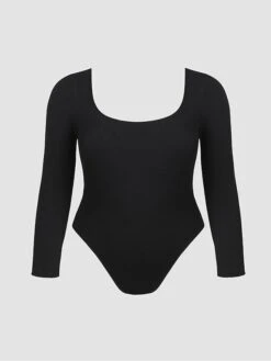 Women's Plus Size Romper Curve Solid Color Square Neck Bodycon Office Work Regular Fit Long Sleeve Black White XL XXL 3XL Fall -Cheap Plus Fit Dress Store jlitqr1694510073039