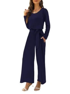 Women's Jumpsuit Pocket Solid Color Round Neck Active Daily Going Out Regular Fit Long Sleeve Black Wine Navy Blue S M L Fall -Cheap Plus Fit Dress Store jllvct1694149790050