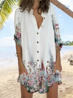 Women's Shirt Dress Casual Dress Shift Dress Mini Dress Outdoor Daily Vacation Polyester Fashion Casual Stand Collar Button Pocket Long Sleeve Summer Spring Fall 2023 Regular Fit White Orange Gray -Cheap Plus Fit Dress Store jlmblm1677232691327