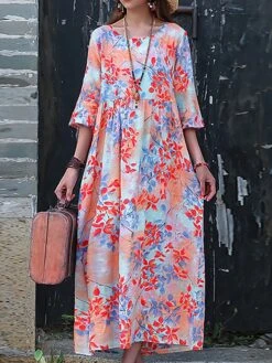 Women's Casual Dress Cotton Linen Dress Swing Dress Midi Dress Linen / Cotton Blend Sweet Style Modern Outdoor Daily Holiday Crew Neck Print 3/4 Length Sleeve Fall Winter Autumn 2023 Loose Fit Yellow -Cheap Plus Fit Dress Store jmbzjt1693553152847