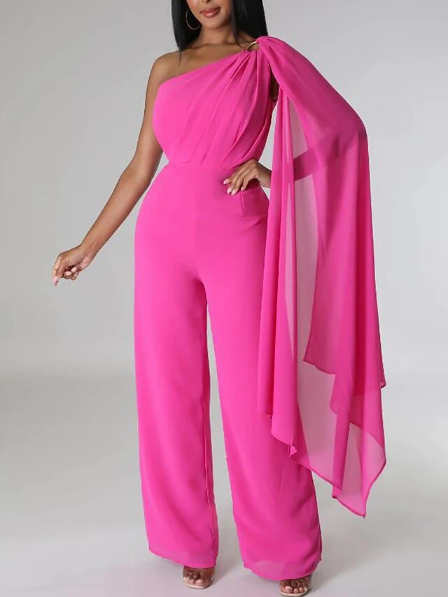 Women‘s Jumpsuit Cape Solid Color One Shoulder Wedding Business Wedding Street Slim Sleeveless Orange Red Dark Pink S M L Fall 2 Women‘s Jumpsuit Cape Solid Color One Shoulder Wedding Business Wedding Street Slim Sleeveless Orange Red Dark Pink S M L Fall - Image 2