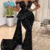 Women‘s Jumpsuit Overlay Sparkly Sequin Solid Color Off Shoulder Wedding Streetwear Party Prom Regular Fit Sleeveless Black S M L Summer Fall