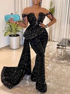 Women‘s Jumpsuit Overlay Sparkly Sequin Solid Color Off Shoulder Wedding Streetwear Party Prom Regular Fit Sleeveless Black S M L Summer Fall