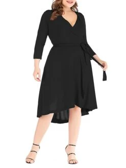 Women‘s Plus Size Curve Work Dress Semi Formal Dress Wrap Dress Fashion Midi Dress Lace Up V Neck Long Sleeve Plain Regular Fit Black Blue Spring Fall XL XXL 3XL 4XL 5XL -Cheap Plus Fit Dress Store jnbdek1691402324074