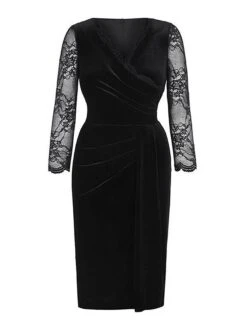 Women's Plus Size Curve Party Dress Velvet Dress Work Dress Plain Midi Dress 3/4 Length Sleeve Lace Ruched V Neck Fashion Party Black Wine Fall Winter XL XXL 3XL 4XL -Cheap Plus Fit Dress Store jnqtnl1696567802687