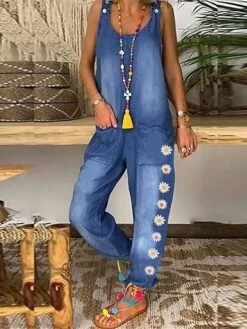 Denim Jumpsuit For Women Overall Pocket Print Floral U Neck Active Vacation Weekend Cargo Loose Fit Sleeveless Dark Gray Light Blue S M L Summer Fall Cowgirl Jeans & Western Wear