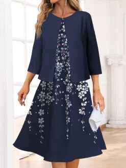Women's Two Piece Dress Set Casual Dress Swing Dress Outdoor Office Fashion Streetwear Print Midi Dress Crew Neck 3/4 Length Sleeve Floral Regular Fit Wine Navy Blue Blue Spring Fall S M L XL XXL -Cheap Plus Fit Dress Store jnttnz1691646778676