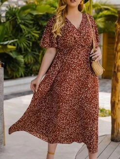 Women‘s Plus Size Curve Casual Dress Swing Dress Floral Dress Polka Dot Midi Dress Short Sleeve Print V Neck Fashion Daily Red Orange Summer Spring XL XXL 3XL 4XL -Cheap Plus Fit Dress Store jodwrn1676458006548