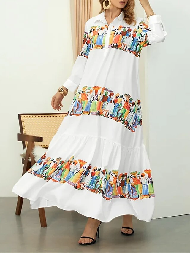 Women's Shirt Dress Casual Dress Swing Dress Maxi Long Dress Outdoor Daily Vacation Polyester Fashion Modern Shirt Collar Ruffle Button Long Sleeve Summer Spring Fall 2023 Loose Fit White Abstract 2 Women's Shirt Dress Casual Dress Swing Dress Maxi Long Dress Outdoor Daily Vacation Polyester Fashion Modern Shirt Collar Ruffle Button Long Sleeve Summer Spring Fall 2023 Loose Fit White Abstract - Image 2
