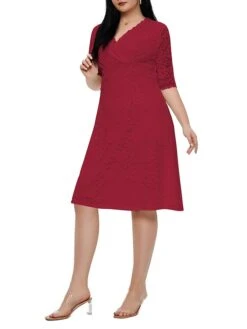 Women‘s Plus Size Curve Party Dress Lace Dress White Dress Solid Color Midi Dress Half Sleeve Lace V Neck Fashion Party White Red Summer Spring XL XXL 3XL 4XL 5XL -Cheap Plus Fit Dress Store jplpts1681204552269