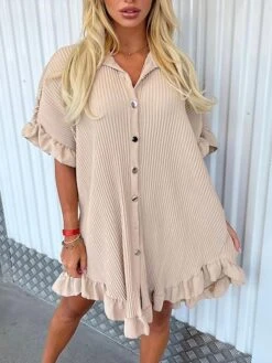 Women's Shirt Dress Casual Dress Mini Dress Outdoor Daily Vacation Polyester Fashion Modern Shirt Collar Ruffle Button Half Sleeve Summer Spring Fall 2023 Regular Fit ArmyGreen Black White Plain S M -Cheap Plus Fit Dress Store jpovqz1689924404354