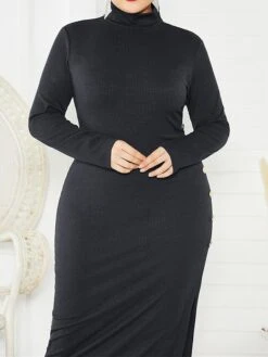 Women's Plus Size Curve Casual Dress Sweater Dress Sheath Dress Plain Midi Dress Long Sleeve Button Split Stand Collar Fashion Daily Black Wine Fall Winter XL XXL 3XL 4XL 5XL -Cheap Plus Fit Dress Store jqadfe1694151469754