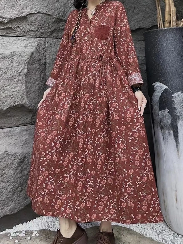 Women's Casual Dress Cotton Linen Dress Swing Dress Maxi Long Dress Linen Cotton Blend Daily Casual Outdoor Daily Vacation Split Neck Button Print Long Sleeve Spring Fall Winter 2023 Loose Fit Wine 4 Women's Casual Dress Cotton Linen Dress Swing Dress Maxi Long Dress Linen Cotton Blend Daily Casual Outdoor Daily Vacation Split Neck Button Print Long Sleeve Spring Fall Winter 2023 Loose Fit Wine - Image 4