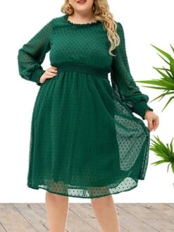 Women's Plus Size Curve Party Dress Swing Dress Solid Color Midi Dress Long Sleeve Ruched Crew Neck Fashion Wedding Green Spring Fall XL XXL 3XL 4XL 5XL