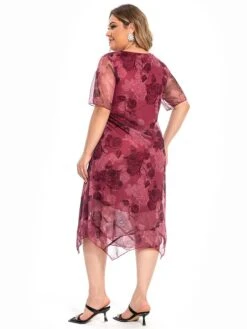 Women's Plus Size Party Dress Cocktail Dress Wedding Guest Dress Midi Dress Wine Blue Short Sleeve Floral Mesh Summer Spring Fall Crew Neck Fashion Wedding Guest Vacation Summer Dress 2023 L XL XXL -Cheap Plus Fit Dress Store jqouxd1694771289826