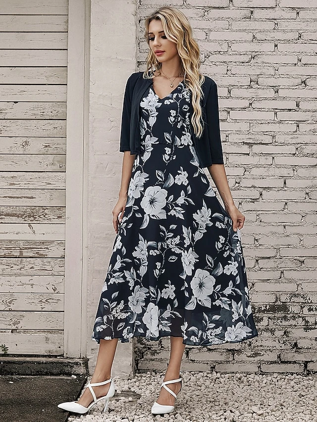 Women's Two Piece Dress Set Casual Dress Chiffon Dress Outdoor Daily Fashion Elegant Print Midi Dress V Neck Half Sleeve Floral Regular Fit Black Pink Gray Summer Spring S M L XL XXL 1 Women's Two Piece Dress Set Casual Dress Chiffon Dress Outdoor Daily Fashion Elegant Print Midi Dress V Neck Half Sleeve Floral Regular Fit Black Pink Gray Summer Spring S M L XL XXL