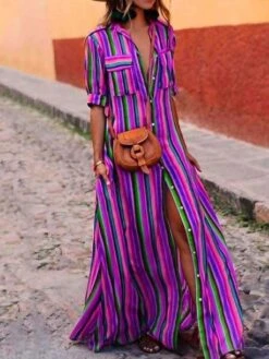 Women's Shirt Dress Casual Dress Swing Dress Maxi Long Dress Outdoor Daily Vacation Polyester Basic Casual Shirt Collar Pocket Split Half Sleeve Summer Spring 2023 Loose Fit Red Blue Purple Striped S