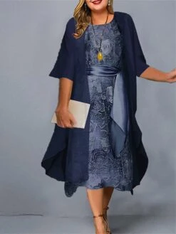 Women‘s Plus Size Curve Casual Dress Dress Set Two Piece Dress Floral Midi Dress 3/4 Length Sleeve Crew Neck Fashion Daily Pink Wine Summer Spring L XL XXL 3XL 4XL -Cheap Plus Fit Dress Store jraayq1678845334948