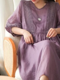 Women's Casual Dress Cotton Linen Dress Swing Dress Midi Dress Cotton Blend Basic Casual Outdoor Daily V Neck Ruched 3/4 Length Sleeve Summer Spring 2023 Loose Fit Black White Yellow Pure Color M L -Cheap Plus Fit Dress Store jrcxys1677135414452