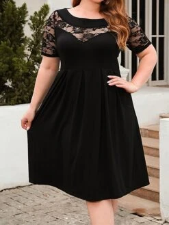 Women's Plus Size Curve Party Dress Lace Dress Semi Formal Dress Solid Color Midi Dress Short Sleeve Lace Crew Neck Fashion Party ArmyGreen Black Fall Winter XL XXL 3XL 4XL