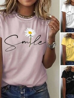 Women's T Shirt Tee Cotton 100% Cotton Black White Yellow Daisy Print Short Sleeve Casual Weekend Basic Round Neck Regular Fit Floral Painting