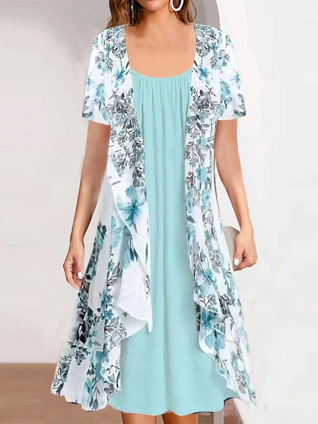 Women's Two Piece Dress Set Casual Dress Chiffon Dress Daily Holiday Fashion Modern Print Midi Dress Crew Neck Short Sleeve Floral Regular Fit Blue Summer Spring S M L XL XXL 1 Women's Two Piece Dress Set Casual Dress Chiffon Dress Daily Holiday Fashion Modern Print Midi Dress Crew Neck Short Sleeve Floral Regular Fit Blue Summer Spring S M L XL XXL