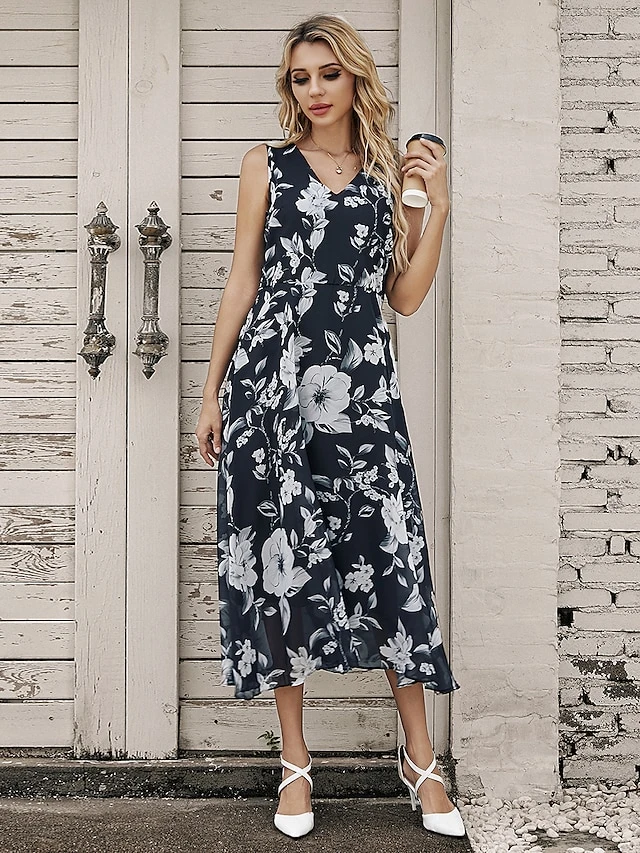 Women's Two Piece Dress Set Casual Dress Chiffon Dress Outdoor Daily Fashion Elegant Print Midi Dress V Neck Half Sleeve Floral Regular Fit Black Pink Gray Summer Spring S M L XL XXL 6 Women's Two Piece Dress Set Casual Dress Chiffon Dress Outdoor Daily Fashion Elegant Print Midi Dress V Neck Half Sleeve Floral Regular Fit Black Pink Gray Summer Spring S M L XL XXL - Image 6
