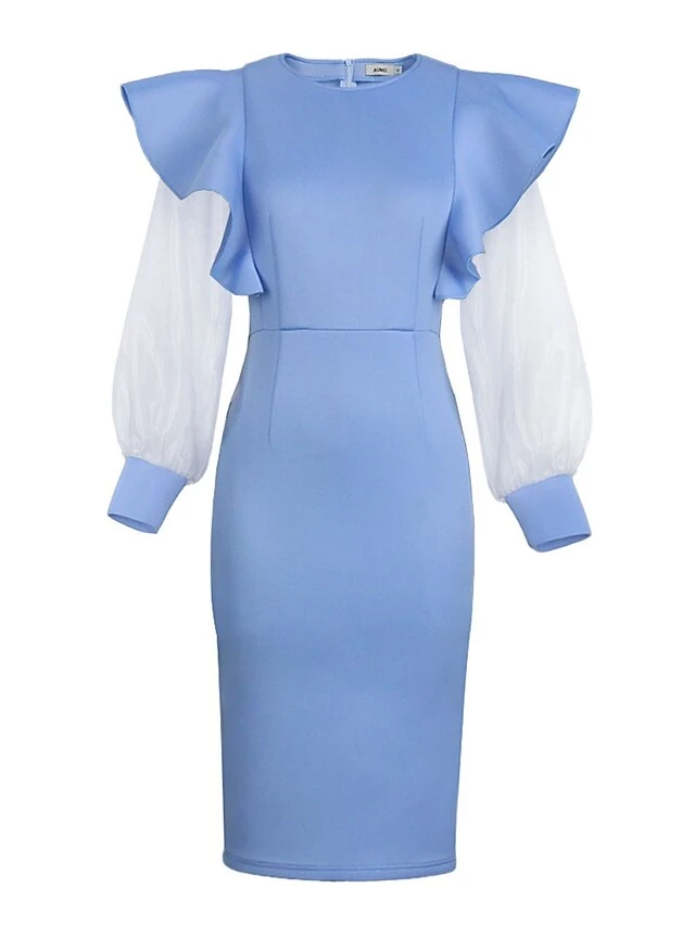 Women's Plus Size Curve Party Dress Work Dress Bodycon Plain Midi Dress Long Sleeve Ruffle Mesh Crew Neck Fashion Party Sky Blue Fall Winter XL XXL 3XL 4XL 2 Women's Plus Size Curve Party Dress Work Dress Bodycon Plain Midi Dress Long Sleeve Ruffle Mesh Crew Neck Fashion Party Sky Blue Fall Winter XL XXL 3XL 4XL - Image 2