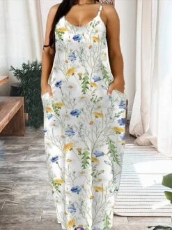 Women‘s Plus Size Curve Casual Dress Strap Dress Leaf Floral Long Dress Maxi Dress Sleeveless Print Strap Romantic Daily White Yellow Summer Spring L XL XXL 3XL 4XL -Cheap Plus Fit Dress Store jsszlc1684150563567