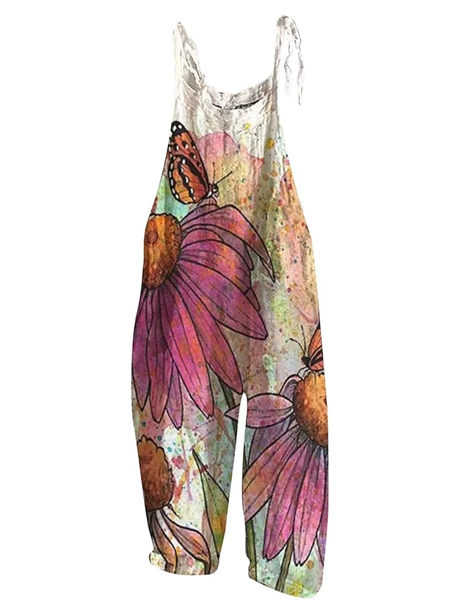 Jumpsuit For Woman Overall Print Floral Crew Neck Streetwear Daily Vacation Loose Fit Sleeveless White Pink Red S M L Summer 2 Jumpsuit For Woman Overall Print Floral Crew Neck Streetwear Daily Vacation Loose Fit Sleeveless White Pink Red S M L Summer - Image 2