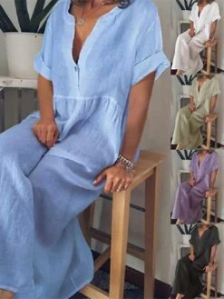 Women's Casual Dress Cotton Linen Dress Maxi Long Dress Cotton Blend Basic Classic Outdoor Daily Vacation Split Neck Button Short Sleeve Summer Spring 2023 Loose Fit Black White Blue Plain S M L XL 11 Women's Casual Dress Cotton Linen Dress Maxi Long Dress Cotton Blend Basic Classic Outdoor Daily Vacation Split Neck Button Short Sleeve Summer Spring 2023 Loose Fit Black White Blue Plain S M L XL -Cheap Plus Fit Dress Store jtjwff1688634746609