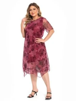 Women's Plus Size Party Dress Cocktail Dress Wedding Guest Dress Midi Dress Wine Blue Short Sleeve Floral Mesh Summer Spring Fall Crew Neck Fashion Wedding Guest Vacation Summer Dress 2023 L XL XXL -Cheap Plus Fit Dress Store jtowoq1694771291768