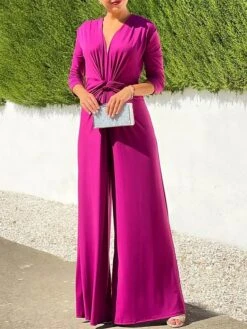 Women's Jumpsuit High Waist Solid Color V Neck Streetwear Street Daily Regular Fit Long Sleeve Light Green Red Navy Blue S M L Spring