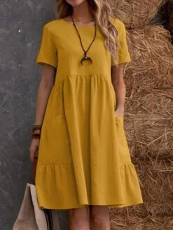 Women's Casual Dress Cotton Linen Dress Maxi Long Dress Linen / Cotton Blend Fashion Street Style Daily Date Weekend Crew Neck Ruffle Pocket Short Sleeve Summer 2023 Regular Fit Claret Black Yellow -Cheap Plus Fit Dress Store juxfcr1687233826310