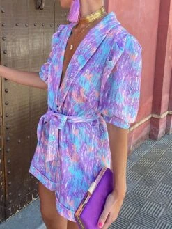 Women's Romper Lace Up Pocket Print V Neck Streetwear Street Daily Regular Fit Half Sleeve Red Purple S M L Summer -Cheap Plus Fit Dress Store juxskg1683534899508