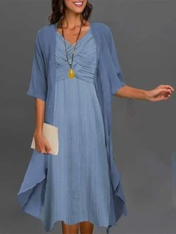 Women's Two Piece Dress Set Casual Dress Chiffon Dress Daily Vacation Fashion Elegant Twist Knot Front Midi Dress V Neck 3/4 Length Sleeve Plain Regular Fit Blue Green Summer Spring S M L XL XXL -Cheap Plus Fit Dress Store jvajdj1681105563103