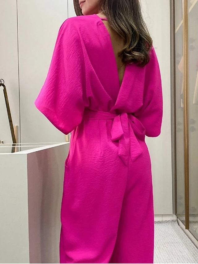 Women's Jumpsuit Backless High Waist Solid Color V Neck Business Office Work Regular Fit Half Sleeve Black Yellow Fuchsia S M L Summer 6 Women's Jumpsuit Backless High Waist Solid Color V Neck Business Office Work Regular Fit Half Sleeve Black Yellow Fuchsia S M L Summer - Image 6