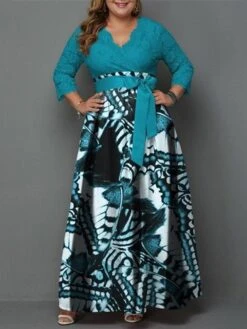 Women‘s Plus Size Curve Casual Dress Lace Dress Swing Dress Butterfly Long Dress Maxi Dress 3/4 Length Sleeve Lace Up Lace V Neck Fashion Outdoor Blue Summer Spring L XL XXL 3XL 4XL 5 Women‘s Plus Size Curve Casual Dress Lace Dress Swing Dress Butterfly Long Dress Maxi Dress 3/4 Length Sleeve Lace Up Lace V Neck Fashion Outdoor Blue Summer Spring L XL XXL 3XL 4XL -Cheap Plus Fit Dress Store jvijhs1683005218009