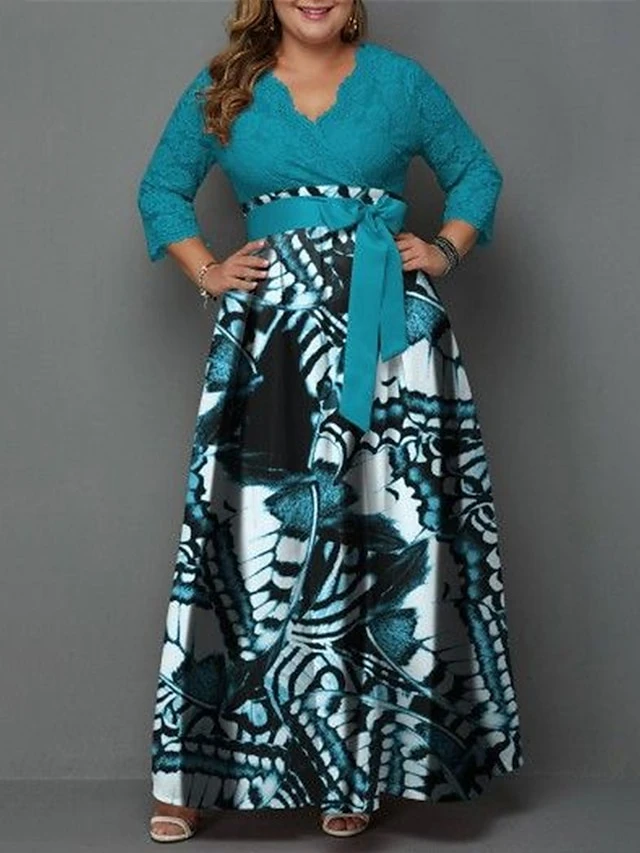 Women‘s Plus Size Curve Casual Dress Lace Dress Swing Dress Butterfly Long Dress Maxi Dress 3/4 Length Sleeve Lace Up Lace V Neck Fashion Outdoor Blue Summer Spring L XL XXL 3XL 4XL 3 Women‘s Plus Size Curve Casual Dress Lace Dress Swing Dress Butterfly Long Dress Maxi Dress 3/4 Length Sleeve Lace Up Lace V Neck Fashion Outdoor Blue Summer Spring L XL XXL 3XL 4XL - Image 3